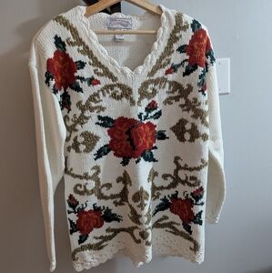 Off white cotton blend knitted floral motif Sweater by Nuggets, red roses size m